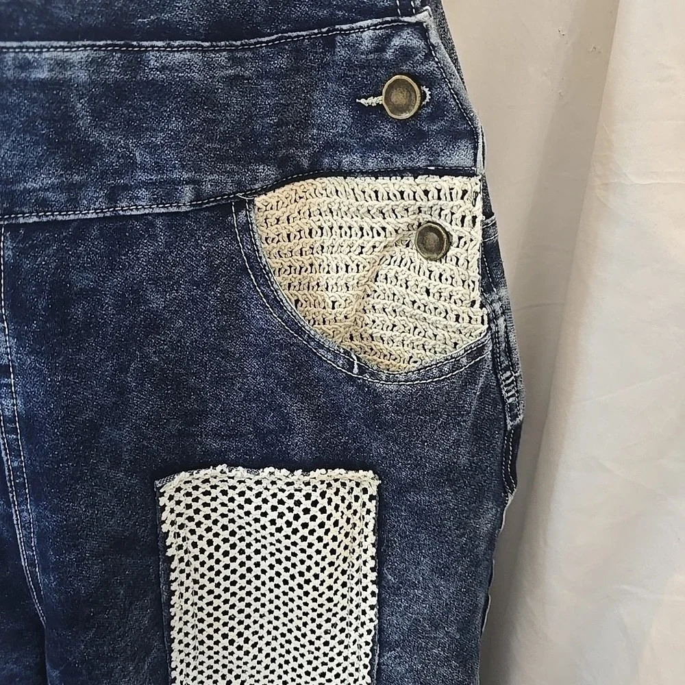 POL Denim Dark Wash Overalls Wide Leg Crochet Patchwork Size S NWT Boho - Picture 6 of 16